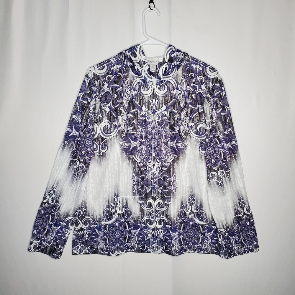 Chicos Zipper Jacket XL Sequin Graphic Hoodie White Purple Whimsigoth Grunge Y2K